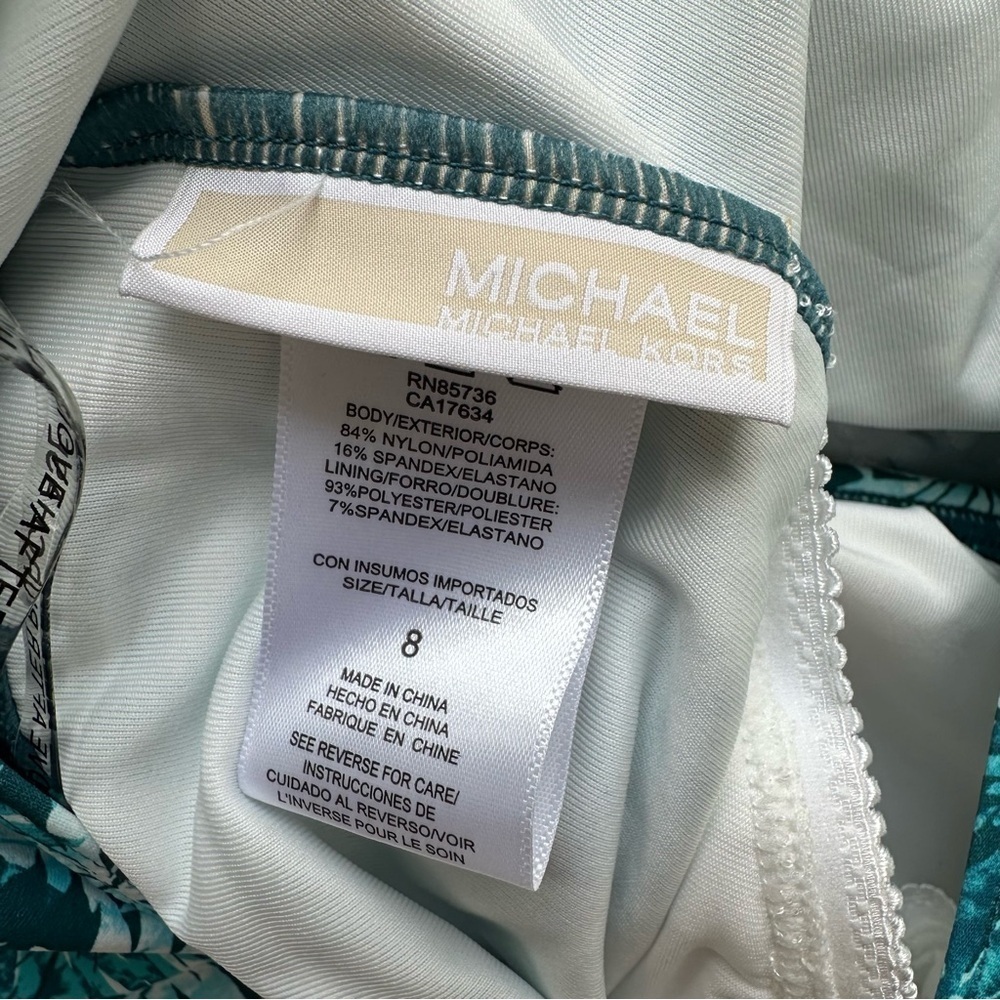 Michael Kors One-Shoulder Aqua Green Leaf Print Swimsuit, size 8 - Picture 7 of 9